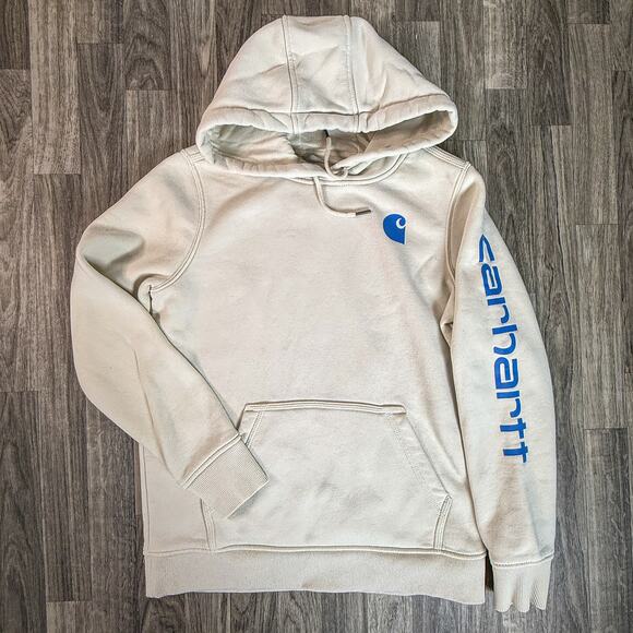Carhartt Off-White Cream Relaxed Fit Pullover Hoodie Blue Logo Sleeve - Picture 1 of 5